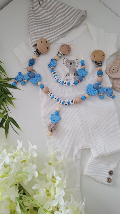Kinderwagenkette & Schnullerkette mit Namen Auto blau holz
