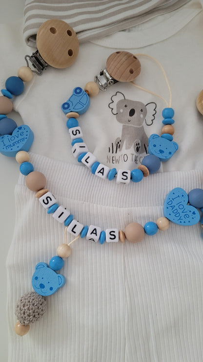 Kinderwagenkette & Schnullerkette mit Namen Auto blau holz