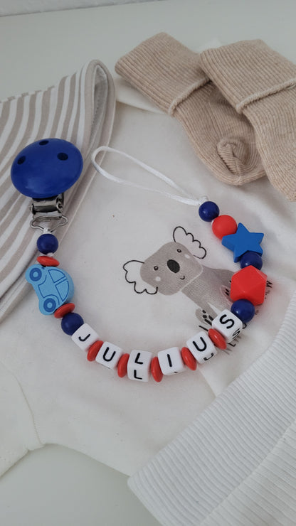 Schnullerkette mit Namen Auto rot blau
