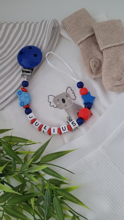 Schnullerkette mit Namen Auto rot blau