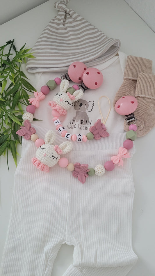 Kinderwagenkette & Schnullerkette Häschen peach green