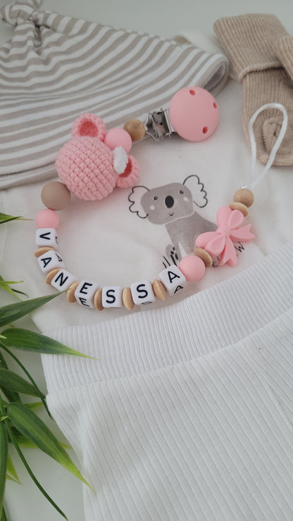 Kinderwagenkette & Schnullerkette Häkelmaus peach holz