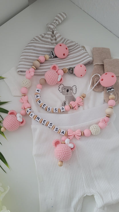 Kinderwagenkette & Schnullerkette Häkelmaus peach holz