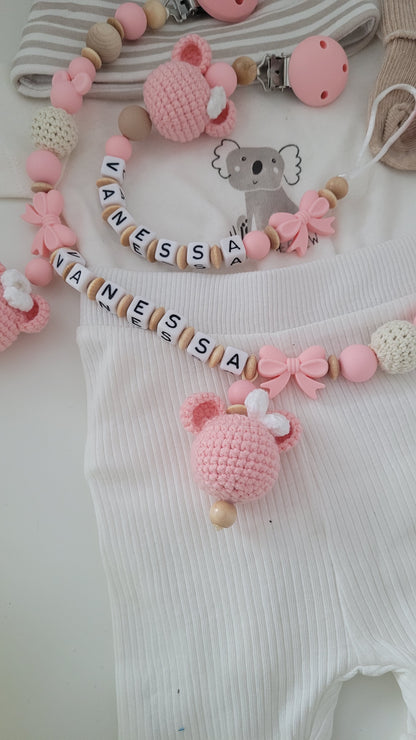 Kinderwagenkette & Schnullerkette Häkelmaus peach holz