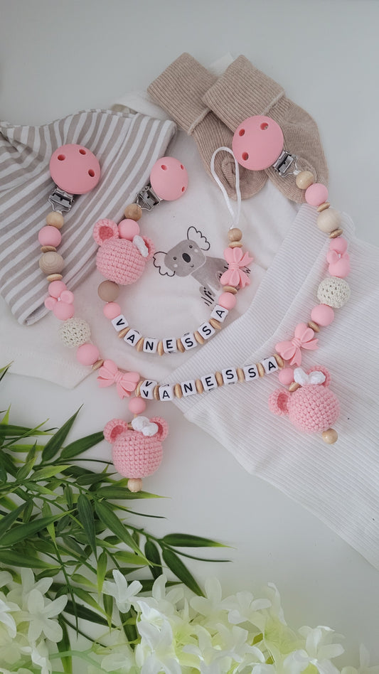 Kinderwagenkette & Schnullerkette Häkelmaus peach holz
