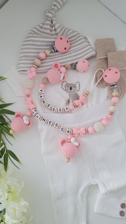 Kinderwagenkette & Schnullerkette Häkelmaus peach holz