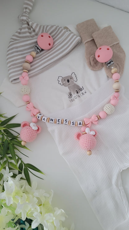 Kinderwagenkette & Schnullerkette Häkelmaus peach holz