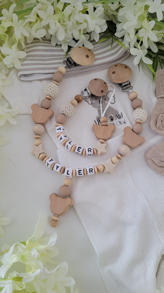 Kinderwagenkette & Schnullerkette mit Namen Bärchen holz