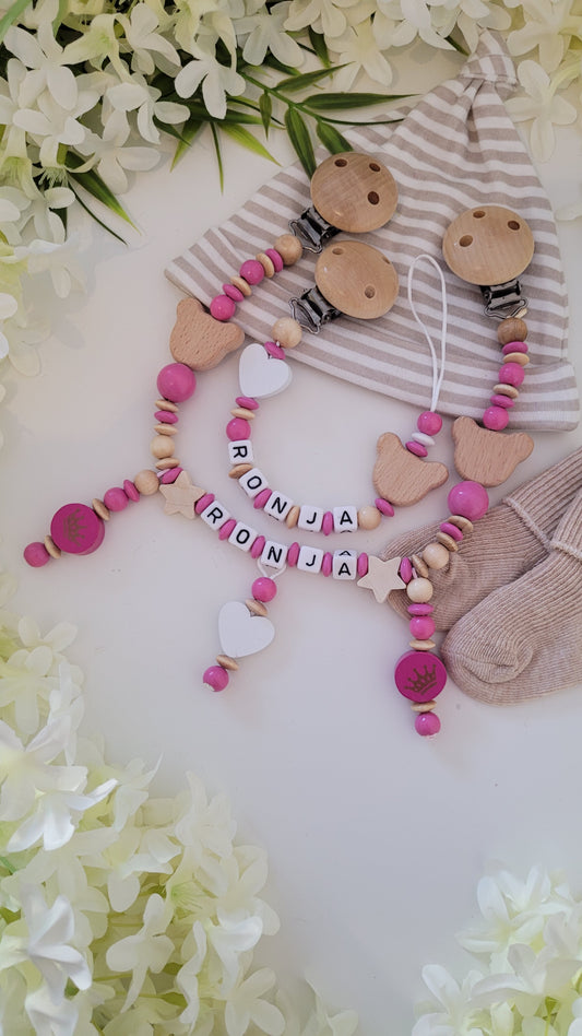 Kinderwagenkette & Schnullerkette * Königliche Bärchen * pink