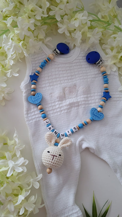 Kinderwagenkette & Schnullerkette Hoppel Häkelhase blau