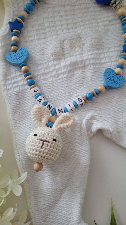 Kinderwagenkette & Schnullerkette Hoppel Häkelhase blau