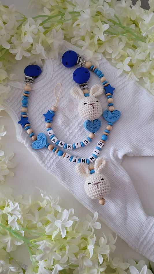 Kinderwagenkette & Schnullerkette Hoppel Häkelhase blau
