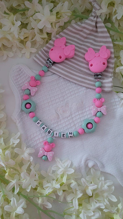 Kinderwagenkette & Schnullerkette mit Namen Minnie Maus mint pink