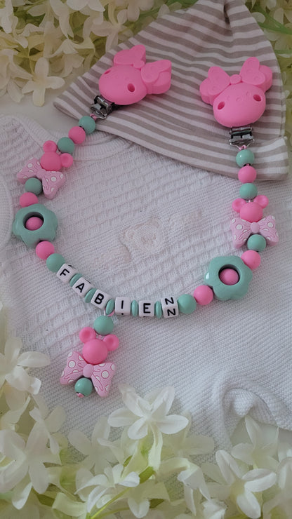 Kinderwagenkette & Schnullerkette mit Namen Minnie Maus mint pink