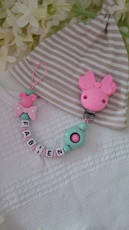 Kinderwagenkette & Schnullerkette mit Namen Minnie Maus mint pink
