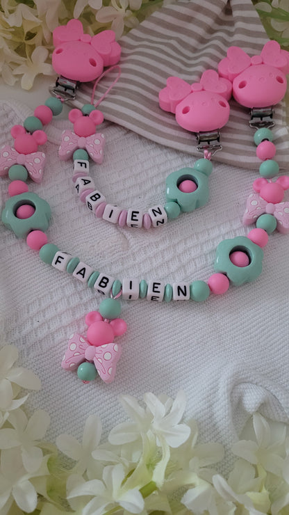 Kinderwagenkette & Schnullerkette mit Namen Minnie Maus mint pink