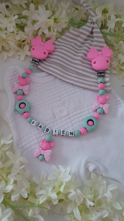 Kinderwagenkette & Schnullerkette mit Namen Minnie Maus mint pink