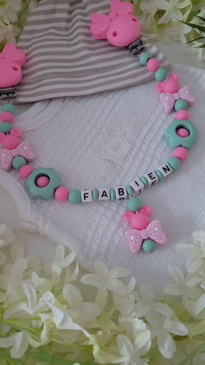 Kinderwagenkette & Schnullerkette mit Namen Minnie Maus mint pink