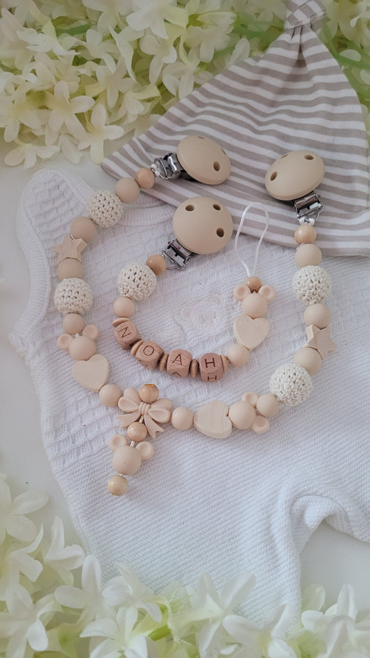Kinderwagenkette & Schnullerkette mit Namen Maus beige