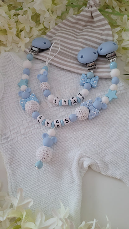 Kinderwagenkette & Schnullerkette * Babymaus* hellblau