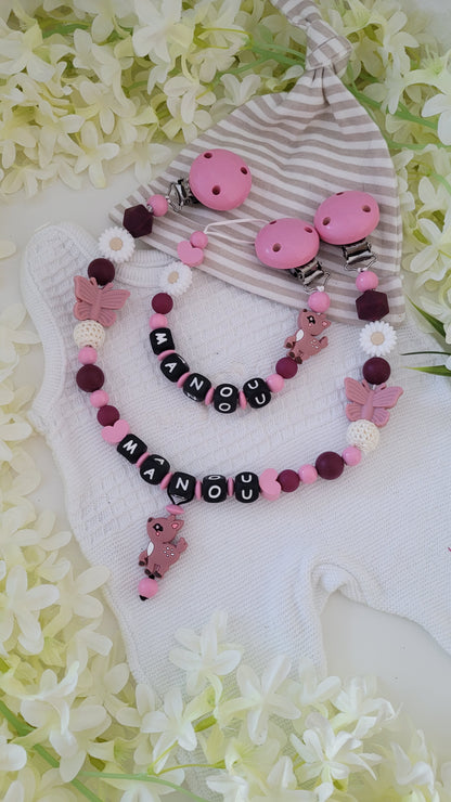 Kinderwagenkette & Schnullerkette * Sweety Kitz* babyrosa weinrot