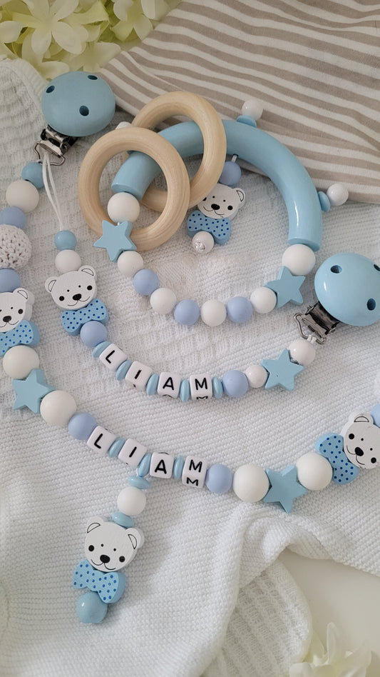 3tlg Set Schnullerkette Kinderwagenkette Greifling *Bärly* hellblau