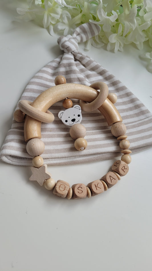 Babybeissring spielebogen personalisiert holz teddymotiv
