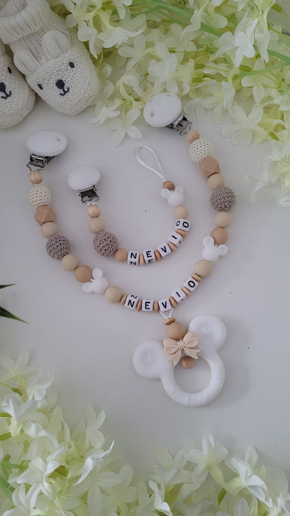 Kinderwagenkette & Schnullerkette personalisiert Beige Maus