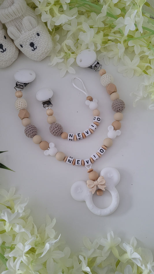 Kinderwagenkette & Schnullerkette personalisiert Beige Maus