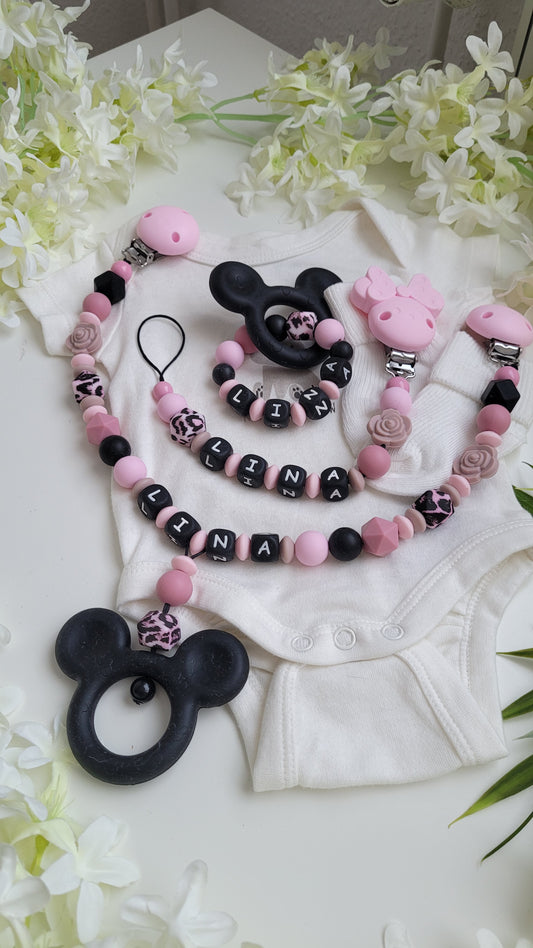 Babygeschenkset_Schnullerkette_Maus_schnullerkette mit namen für Mädchen Minnie Maus disney