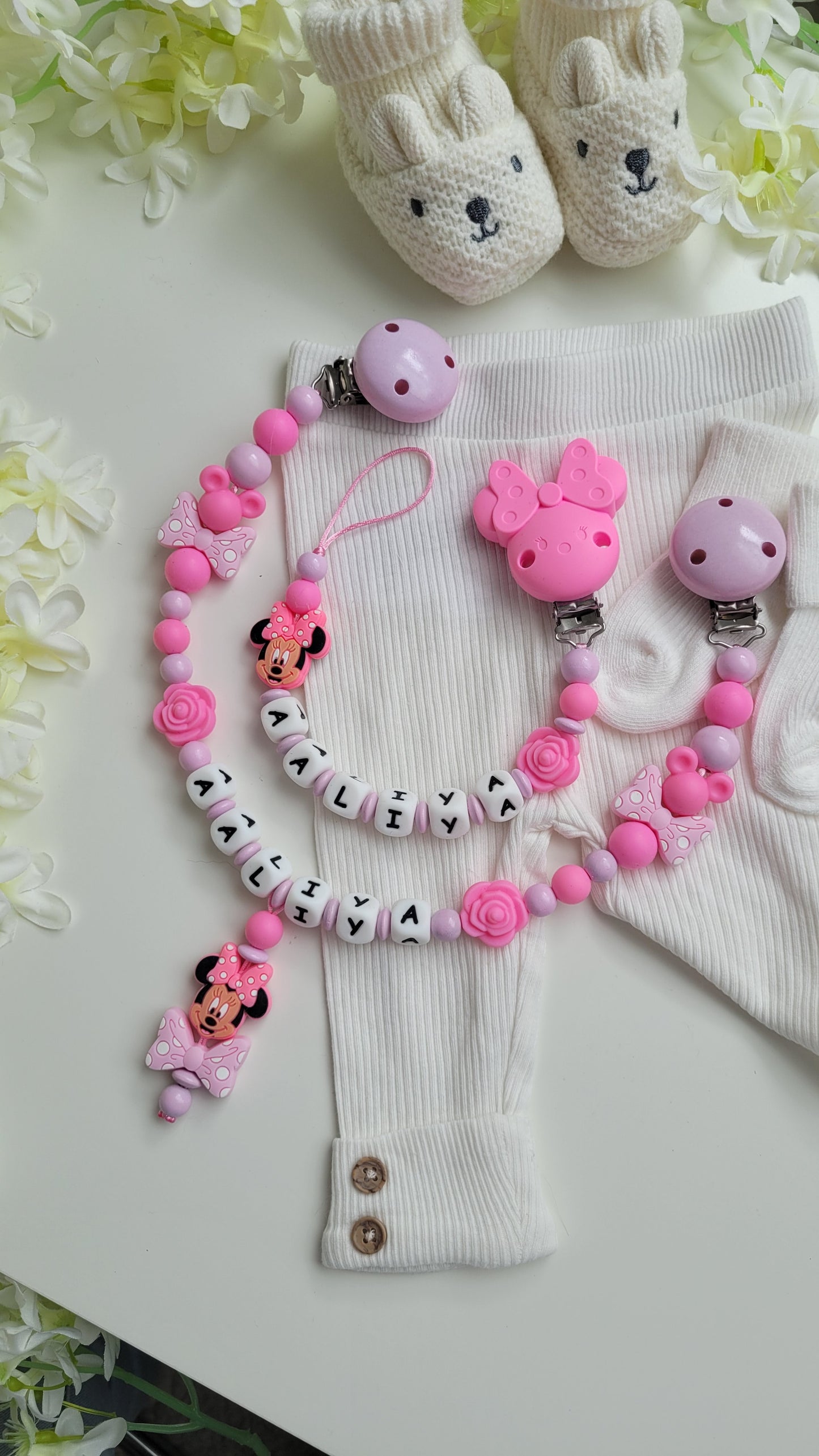 Babyset Schnullerkette Kinderwagenkette pink ilikonperlen rosa Minnie maus personalisiert mit Namen