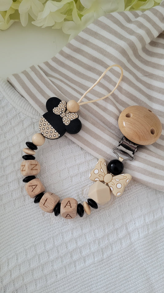 Schnullerkette Minnie Maus personalisiert beige schwarz Silikon holz