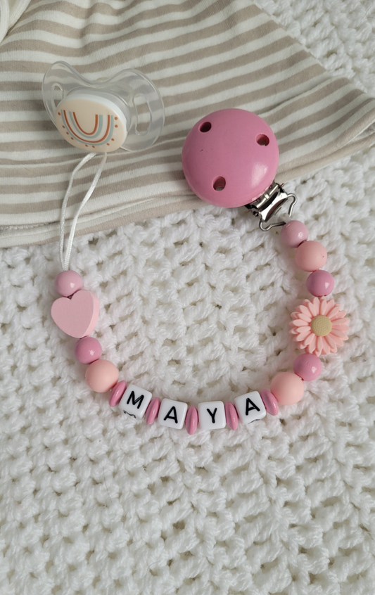 Schnullerkette mit Namen für Mädchen Blümchen babypink apricot