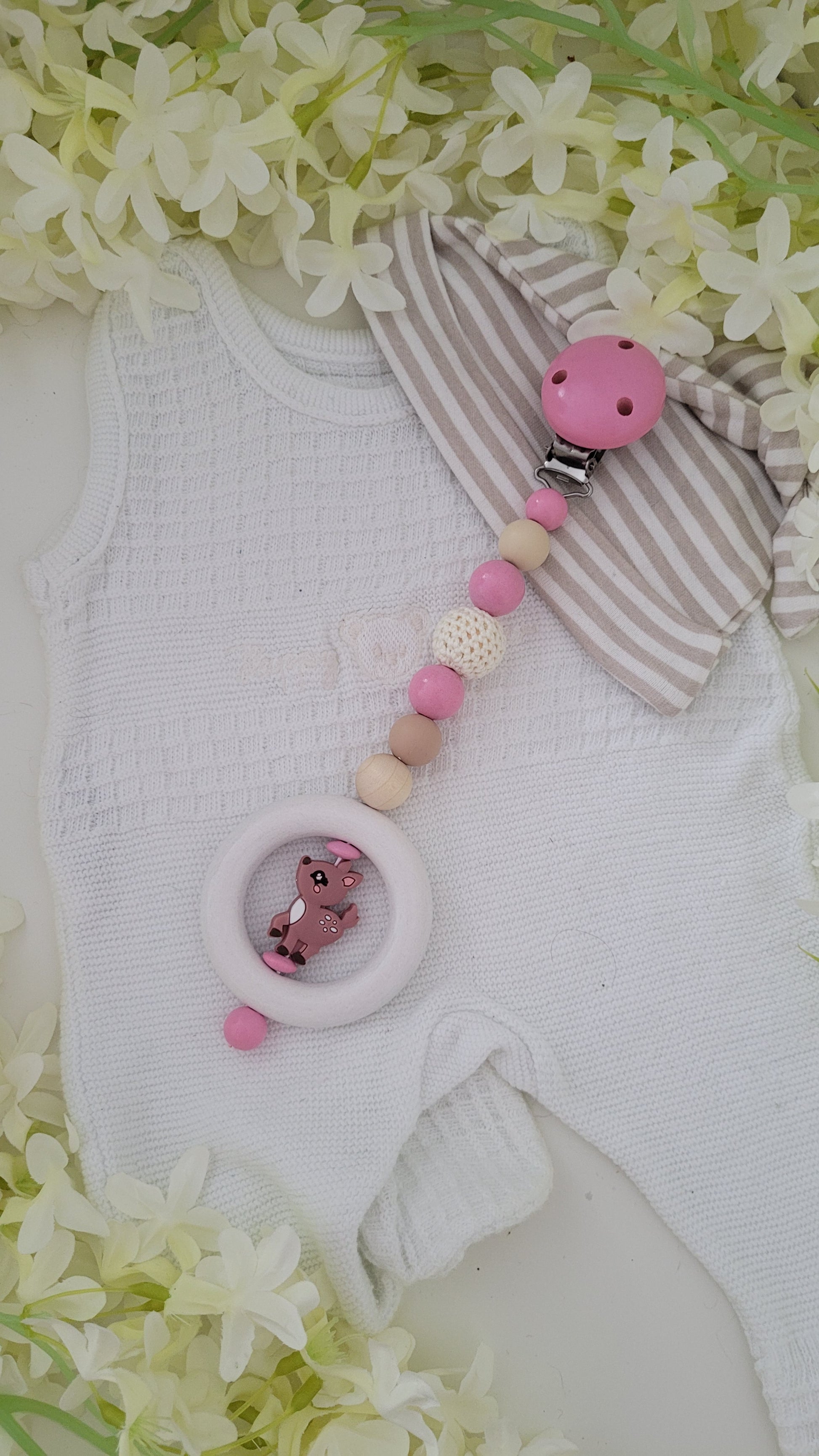 Kinderwagenkette Anhänger Kinderwagenaccesoires rosa rehmotiv silikon holz