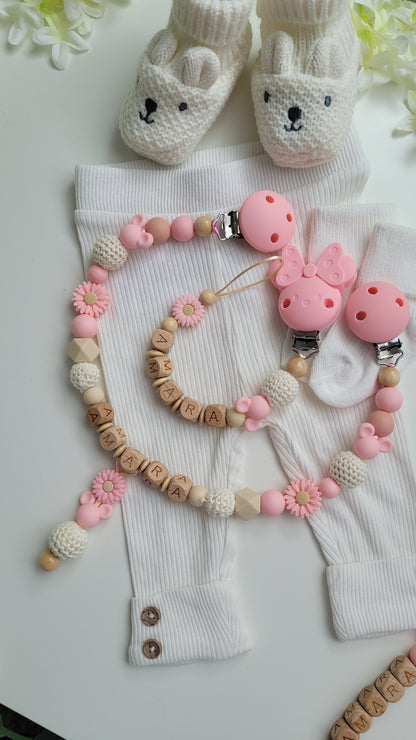 Peronalisiertes babyset Schnullerkette Kinderwagenkette mit namen rosa beige