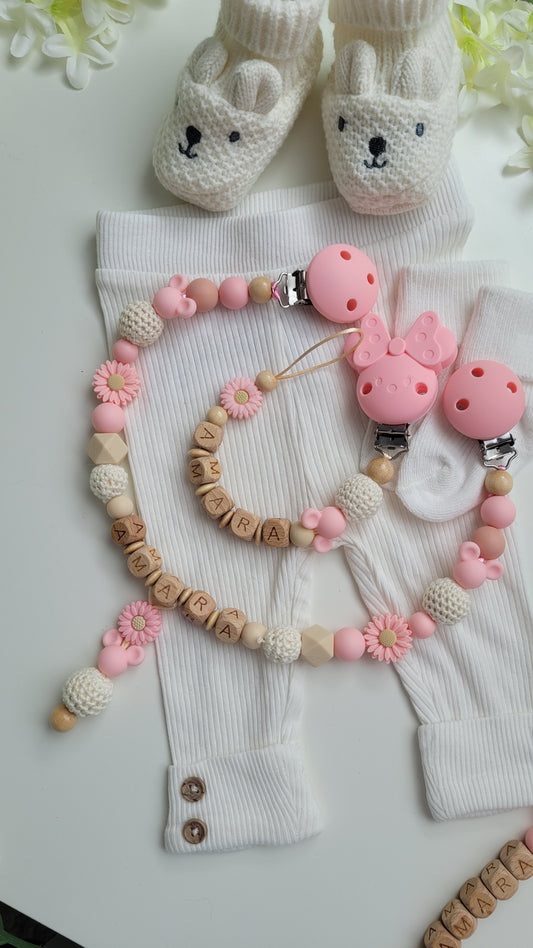 Peronalisiertes babyset Schnullerkette Kinderwagenkette mit namen rosa beige