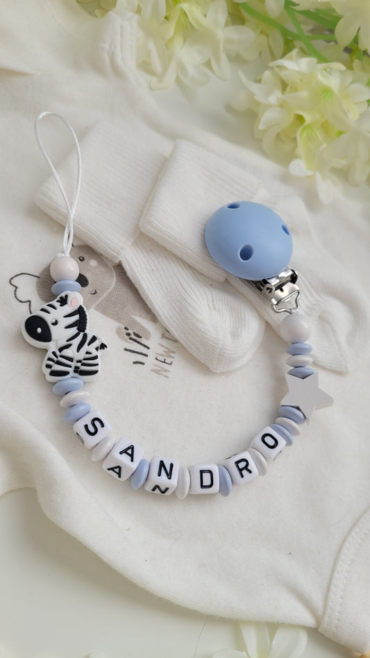 Schnullerkette mit Namen Zebra blau weiss Holzperlen silikonperlen