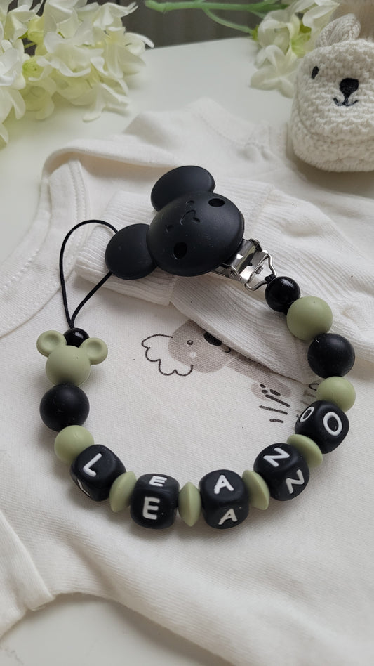 Personalisierte Schnullerkette silikonperlen schwarz grün mausmotiv mausbefestigungsclip schwarz