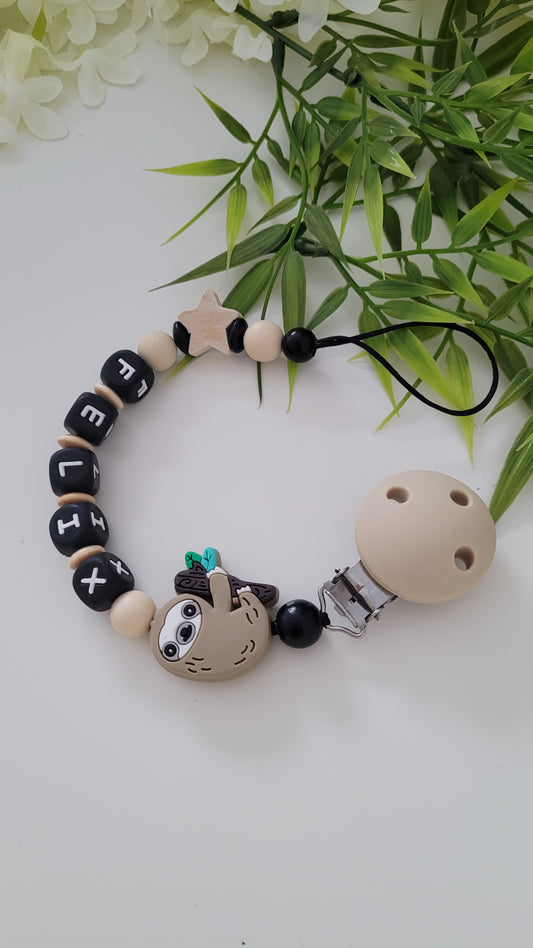 Schnullerkette Faultier beige schwarz Silikon mit Namen Baby