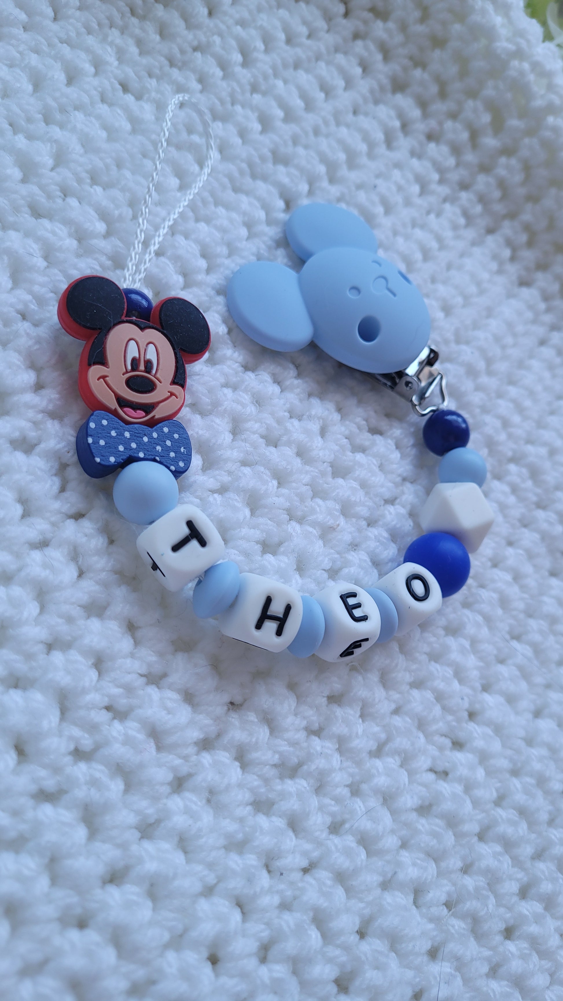Personalisierte schnullerkette mickey maus blau weiss silikon