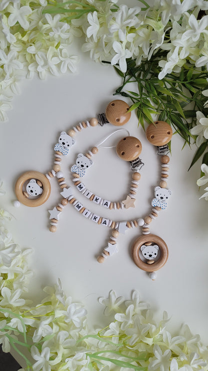Personalisiertes Baby geburt Geschenkset holzperlen Bärchen Teddy holz weis