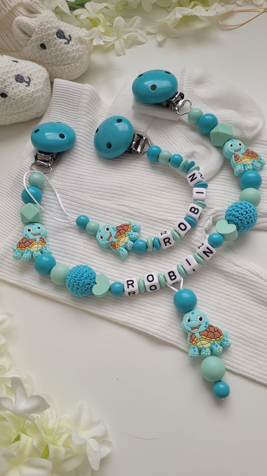 Personalisiertes Babygeschenkset Schnullerkette mit namen türkis mint Schildkröte Motiv holz silikon perlen