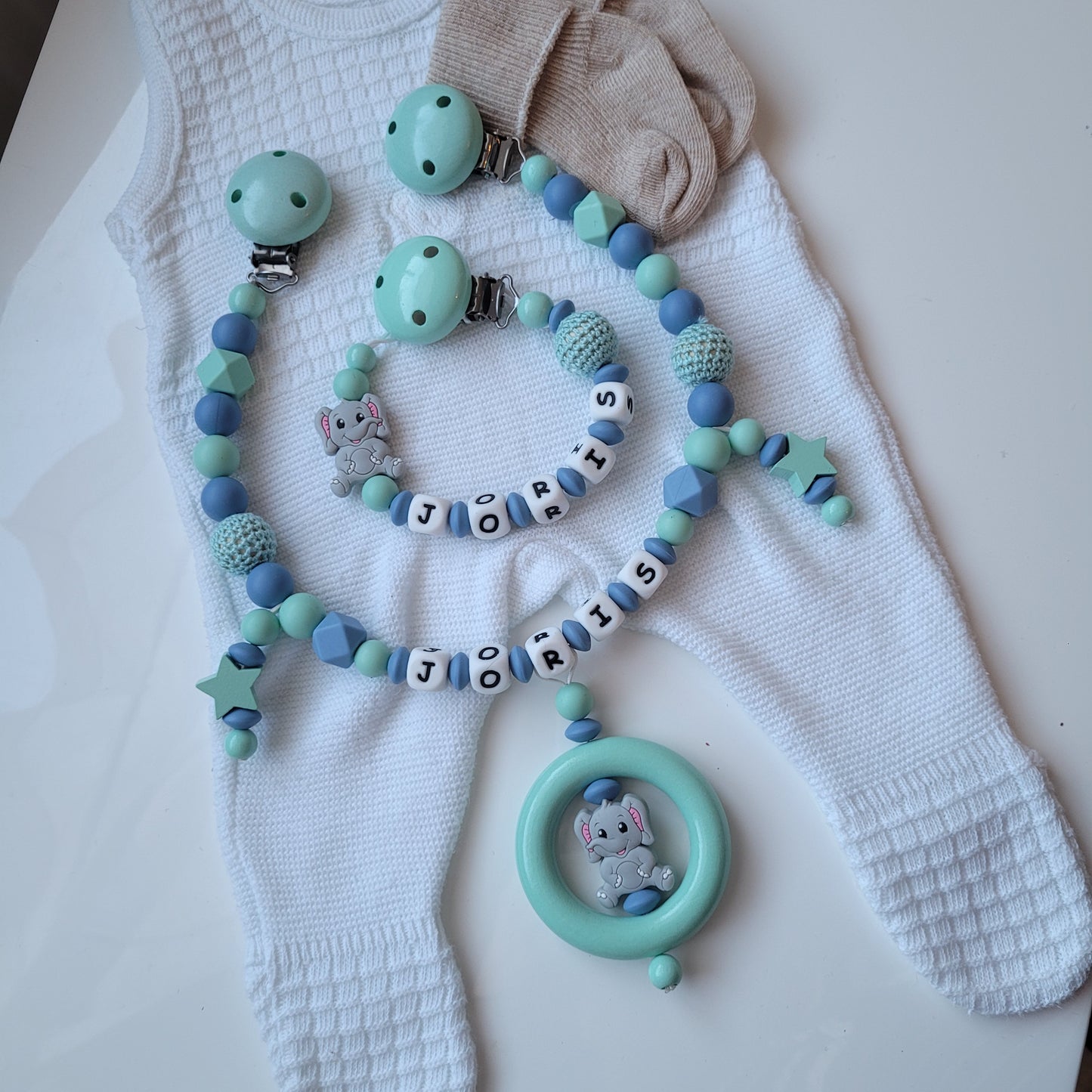 Personalisiertes babygeschenkset Schnullerkette & Kinderwagenkette mit Namen Elefant mint blau Elefant Motivwahl