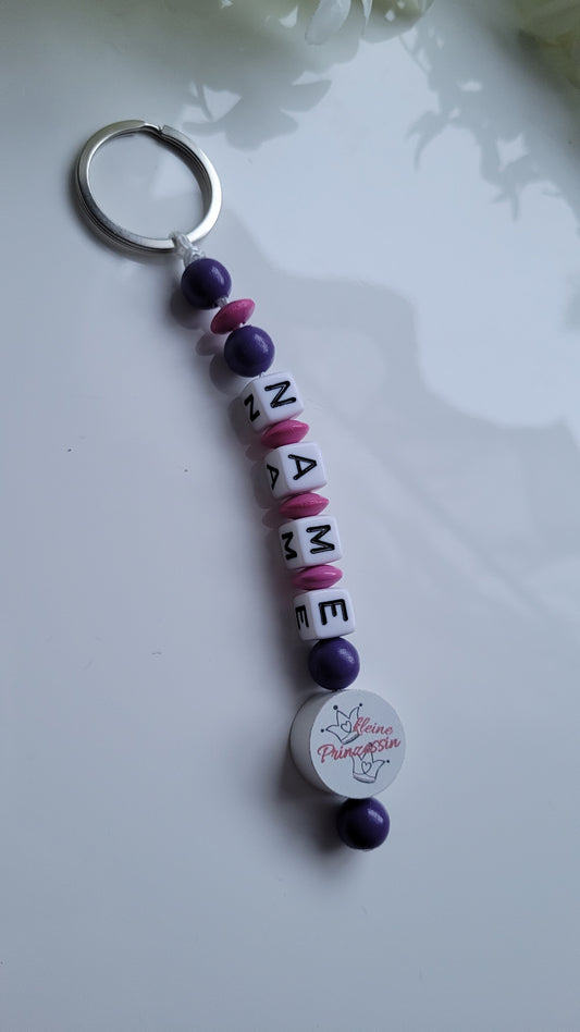 Schlüsselanhänger kleine Prinzessinn lila pink Holzperlen mit Wunschnamen