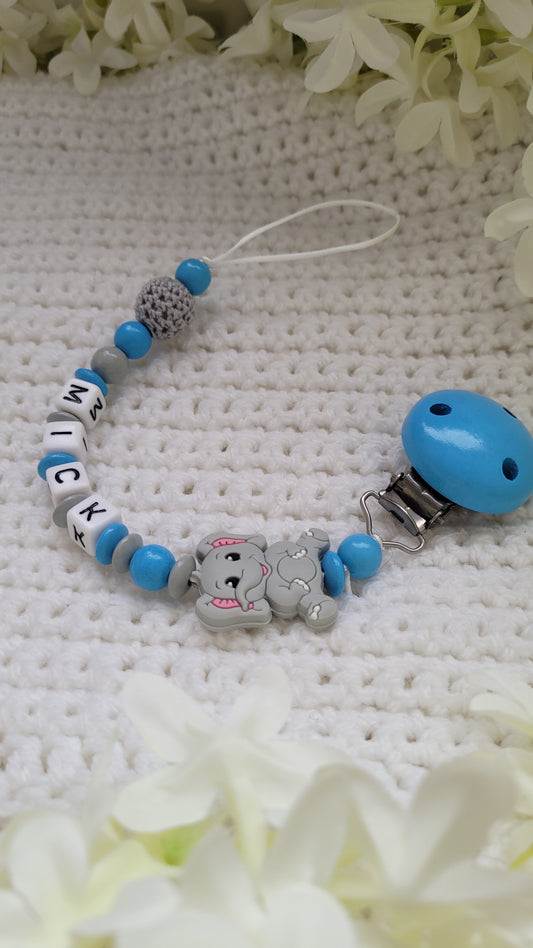 Schnulerkette hoplz blau grau personalisiert Elefant