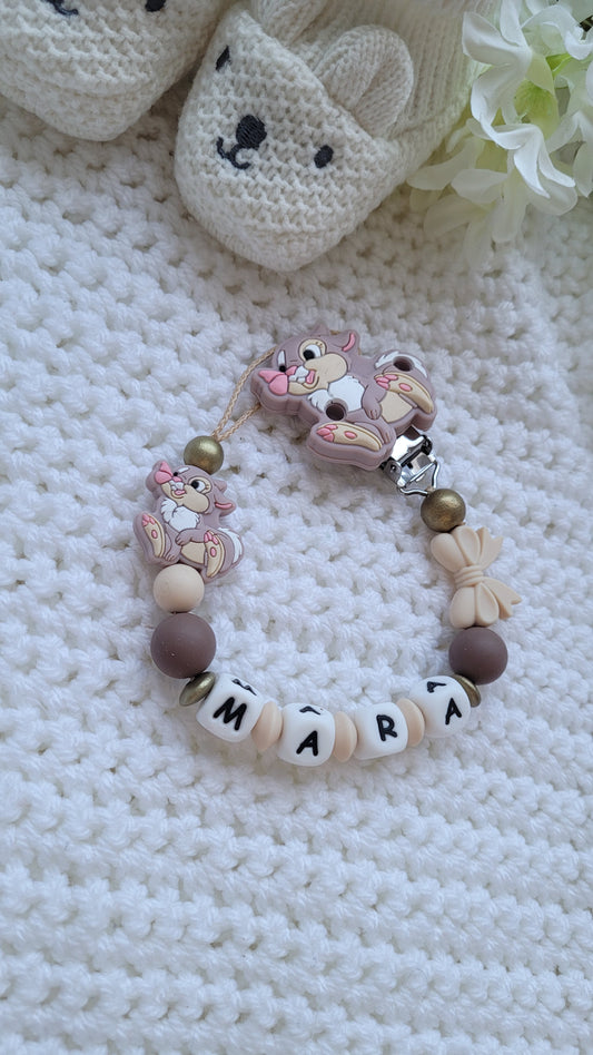Schnulerkette mit namen Silikonperlen beige braun gold hase klopfer disney