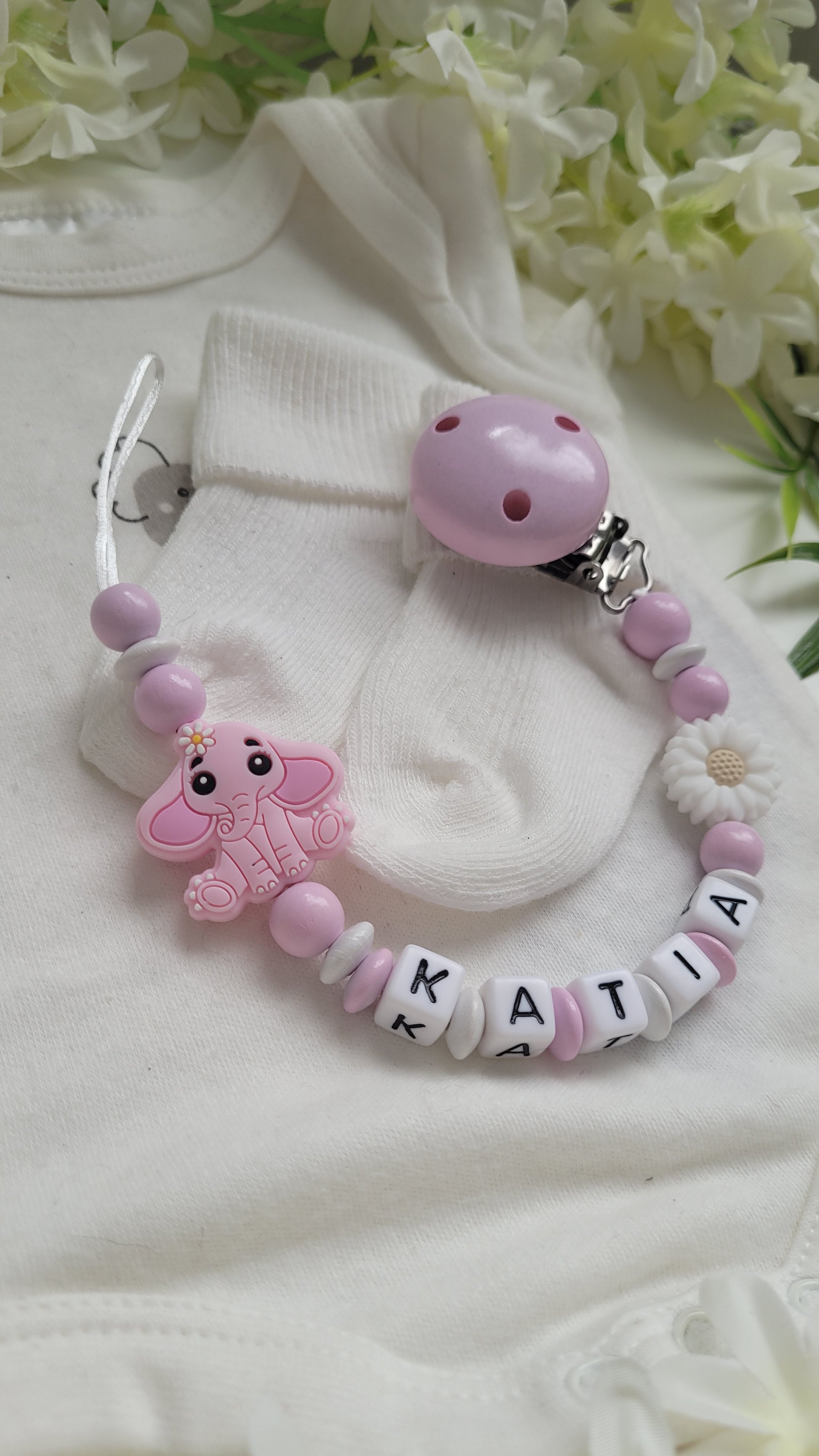 Schnulerkette rosa Holzperlen mit Namen Elefant