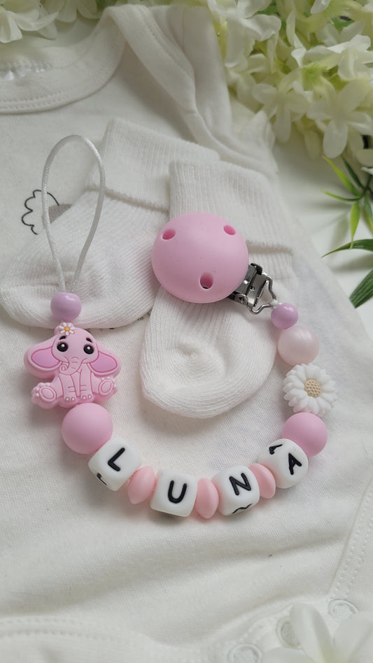 Schnulerkette silikon weiss rosa elefant blume personalisiert mädchen