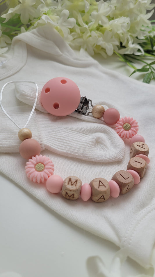 Schnullerette Silikonperlen rosa mit Babynamen Blumen
