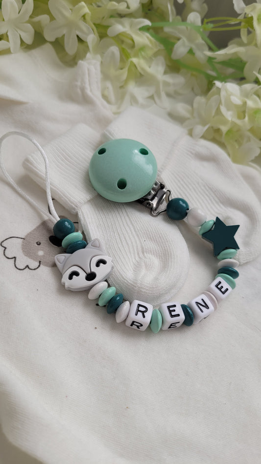Schnullerkette Fuchs holzperlen mint petrol weiss